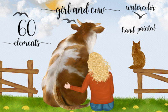 Girl with Cow Clipart: Whimsical Watercolor Designs