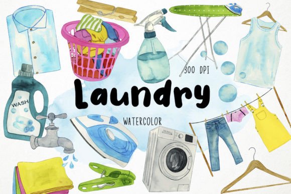 Watercolor Laundry Clipart, Cleaning: The Soft Touch for Modern Branding
