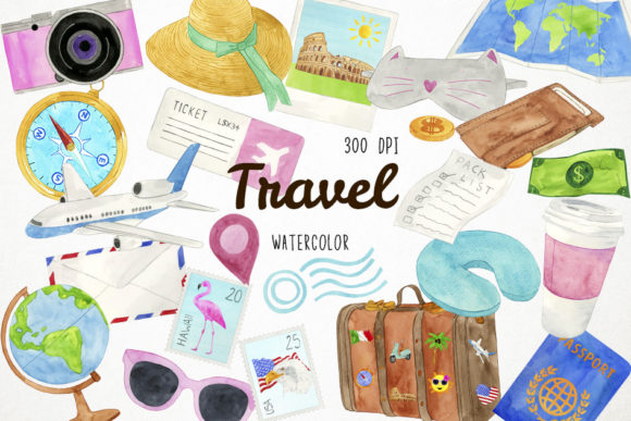 Watercolor Travel Clipart: Hand-Painted Holiday Elements